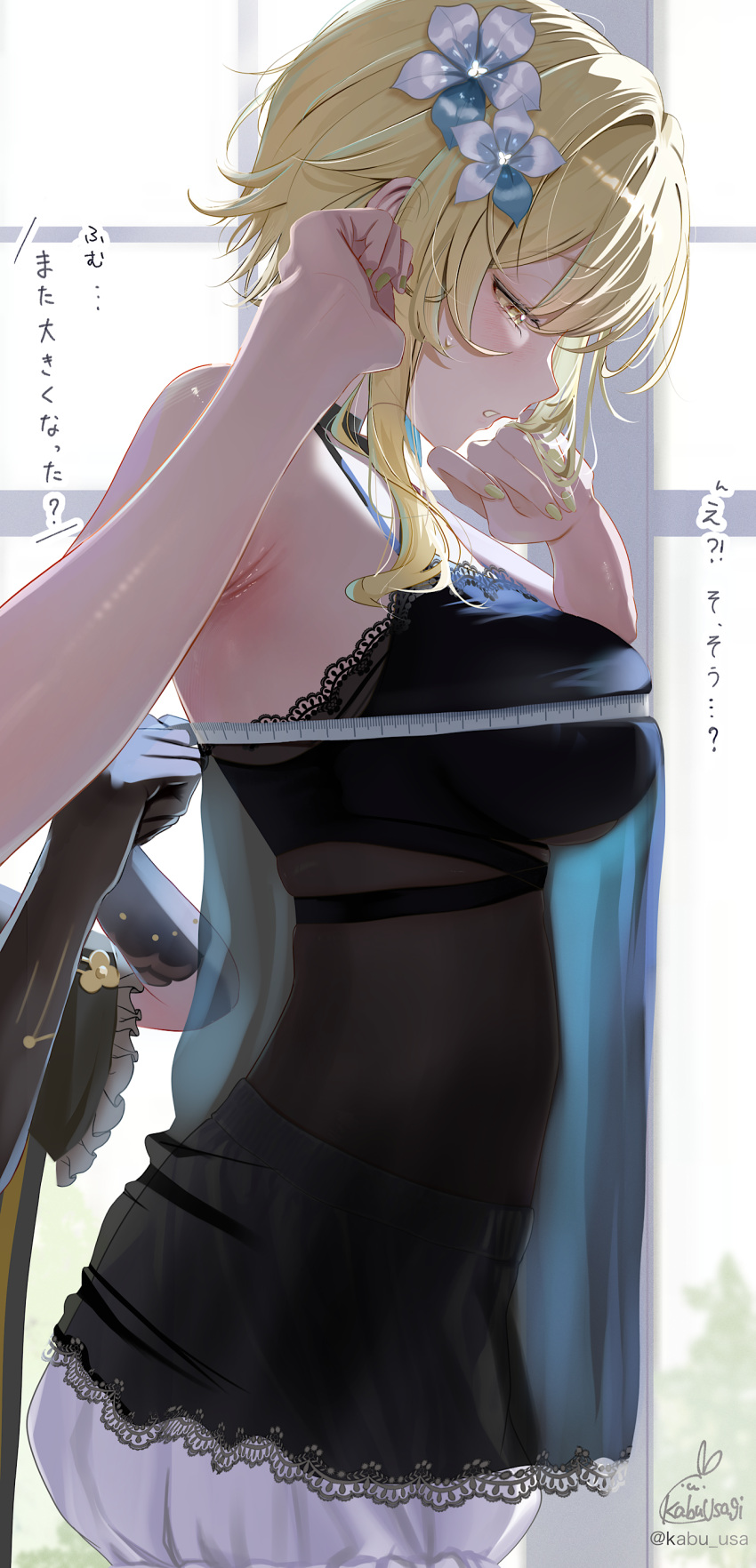 2girls absurdres alternate_costume armpit_crease armpit_peek artist_name black_camisole black_gloves blonde_hair breasts bust_measuring camisole chiori_(genshin_impact) commentary_request fingernails flower from_side genshin_impact gloves hair_flower hair_ornament hands_up highres kabu_usagi large_breasts looking_down lumine_(genshin_impact) measuring multiple_girls nail_polish paid_reward_available pumpkin_panties see-through_silhouette short_hair_with_long_locks sidelocks signature solo_focus spaghetti_strap sweat tape_measure translation_request yellow_eyes yellow_nails