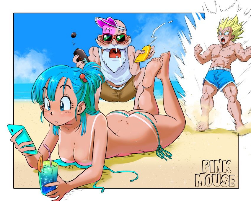 2boys absurdres aqua_bikini aqua_hair artist_name ass aura barefoot beach beard bikini bikini_tan blue_eyes blue_swim_trunks border breasts bulma_briefs cleavage cocktail cocktail_glass commentary cup dark-skinned_female dark-skinned_male dark_skin dragon_ball dragon_ball_z drinking_glass drooling english_commentary facial_hair feet_up female highres legs_up long_hair looking_at_phone lotion_bottle lying male_swimwear medium_breasts micro_bikini mixed-language_commentary multiple_boys muscular muscular_male muten_roushi ocean old old_man on_stomach one_side_up out_of_frame phone pink_mousse snot soles solo_focus summer super_saiyan super_saiyan_1 swim_trunks swimsuit tan tanlines the_pose thong_bikini toes transformation untied_bikini_top vegeta visor_cap white_border