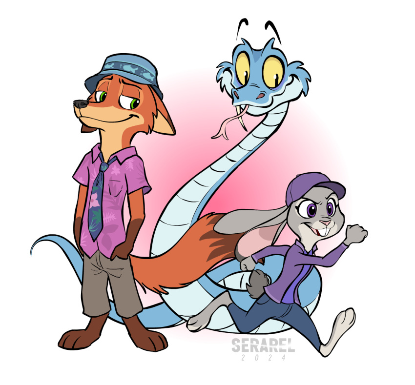 anthro blue_body blue_scales canid canine clothing disney female feral forked_tongue fox fur gary_the_snake_(zootopia) green_eyes grey_body grey_fur group hat headgear headwear hi_res judy_hopps lagomorph leporid male mammal necktie nick_wilde pink_clothing pink_shirt pink_topwear purple_eyes rabbit red_body red_fur reptile scales scalie serareldeer shirt snake tongue topwear trio viper yellow_eyes zootopia