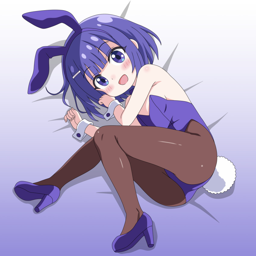 animal_ears black_pantyhose blue_eyes blue_hair blue_leotard blue_shirt female flat_chest fuiba_fuyu gochuumon_wa_usagi_desu_ka? high_heels highres leotard looking_at_viewer lying on_side pantyhose playboy_bunny rabbit_ears rabbit_tail sakuzo shirt short_hair smile solo strapless strapless_leotard tail wrist_cuffs