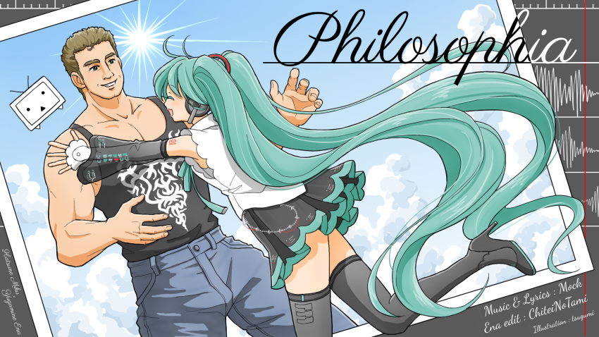 1boy :d ^_^ absurdly_long_hair aqua_hair aqua_ribbon billy_herrington black_footwear black_skirt black_sleeves black_tank_top blue_pants boots brown_hair closed_eyes cloud cloudy_sky commentary_request detached_sleeves english_text facing_another female gachimuchi green_eyes hatsune_miku hatsune_miku_(nt) headphones highres imminent_hug layered_sleeves leg_up long_hair long_sleeves looking_at_another miniskirt muscular muscular_male neck_ribbon niconico number_tattoo outstretched_arms pants pleated_skirt ribbon see-through see-through_sleeves shirt skirt sky sleeveless sleeveless_shirt smile tank_top tattoo thigh_boots tsugumi_(aya-3326) twintails very_long_hair vocaloid white_shirt wide_sleeves zettai_ryouiki