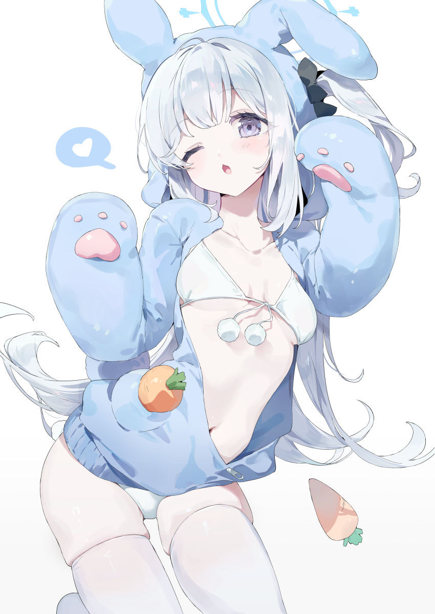 absurdres alternate_costume animal_ear_hood animal_ears bikini blue_archive blue_halo blue_hoodie breasts carrot_in_pocket center_opening collarbone female halo hands_up highres hood hood_up hoodie long_hair looking_at_viewer medium_breasts meunhongcha miyako_(blue_archive) navel one_eye_closed open_mouth pom_pom_(clothes) purple_eyes rabbit_ears simple_background skindentation solo swimsuit thighhighs thighs white_background white_bikini white_thighhighs