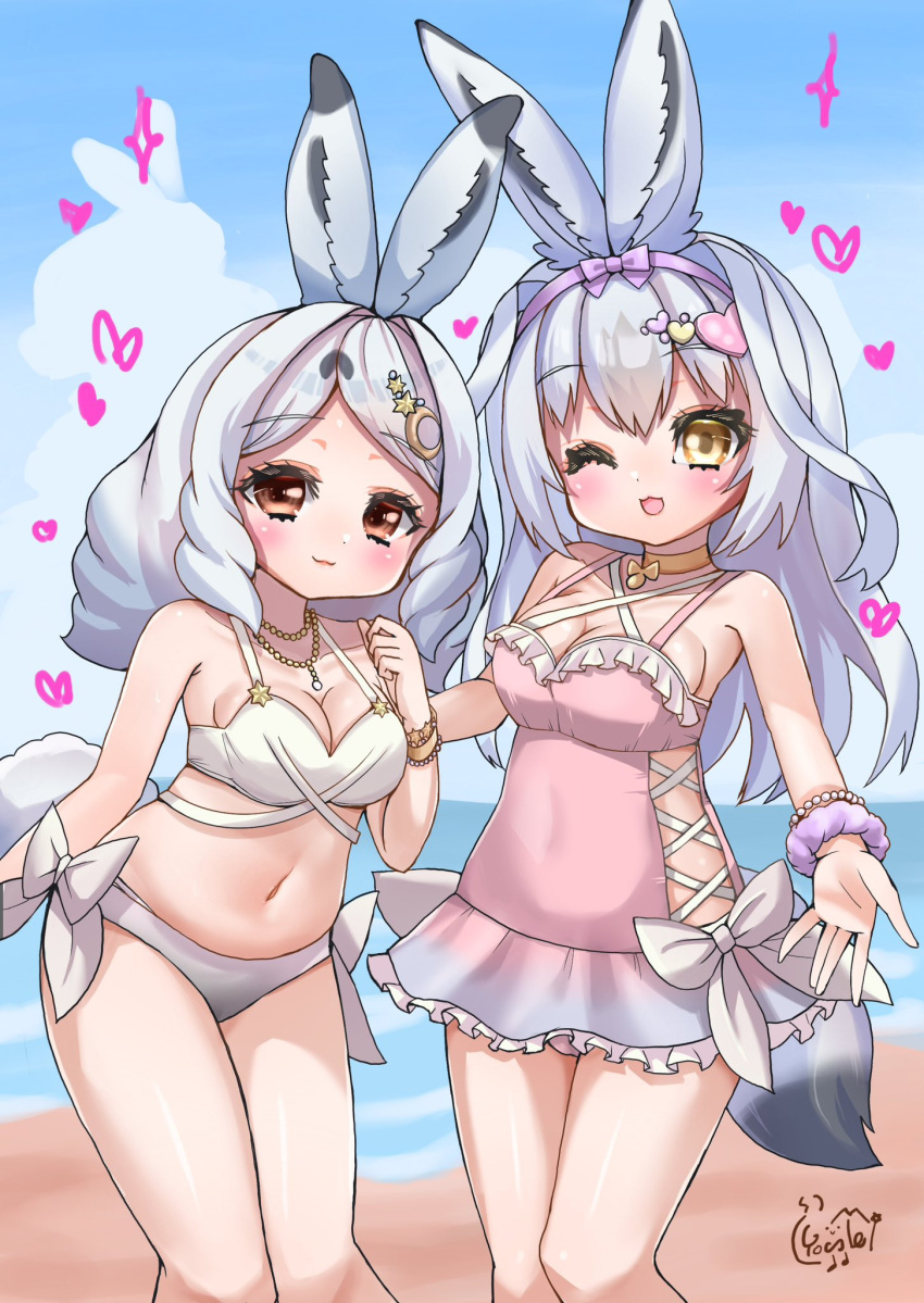 2girls animal_ears arctic_hare_(kemono_friends) bare_shoulders beach bikini blush bow bracelet choker frilled_one-piece_swimsuit frills gradient_bikini grey_bikini grey_hair hair_between_eyes hair_ornament hairbow hanenemu_yo_guru heart heart_hair_ornament highres jewelry kemono_friends kemono_friends_3 light_brown_hair long_hair looking_at_viewer midriff multicolored_hair multiple_girls navel necklace official_alternate_costume one-piece_swimsuit one_eye_closed orange_choker orange_hair pink_one-piece_swimsuit rabbit_ears rabbit_girl rabbit_tail scrunchie sidelocks sleeveless snowshoe_hare_(kemono_friends) spaghetti_strap swimsuit tail white_bikini white_bow white_hair wrist_scrunchie yellow_eyes