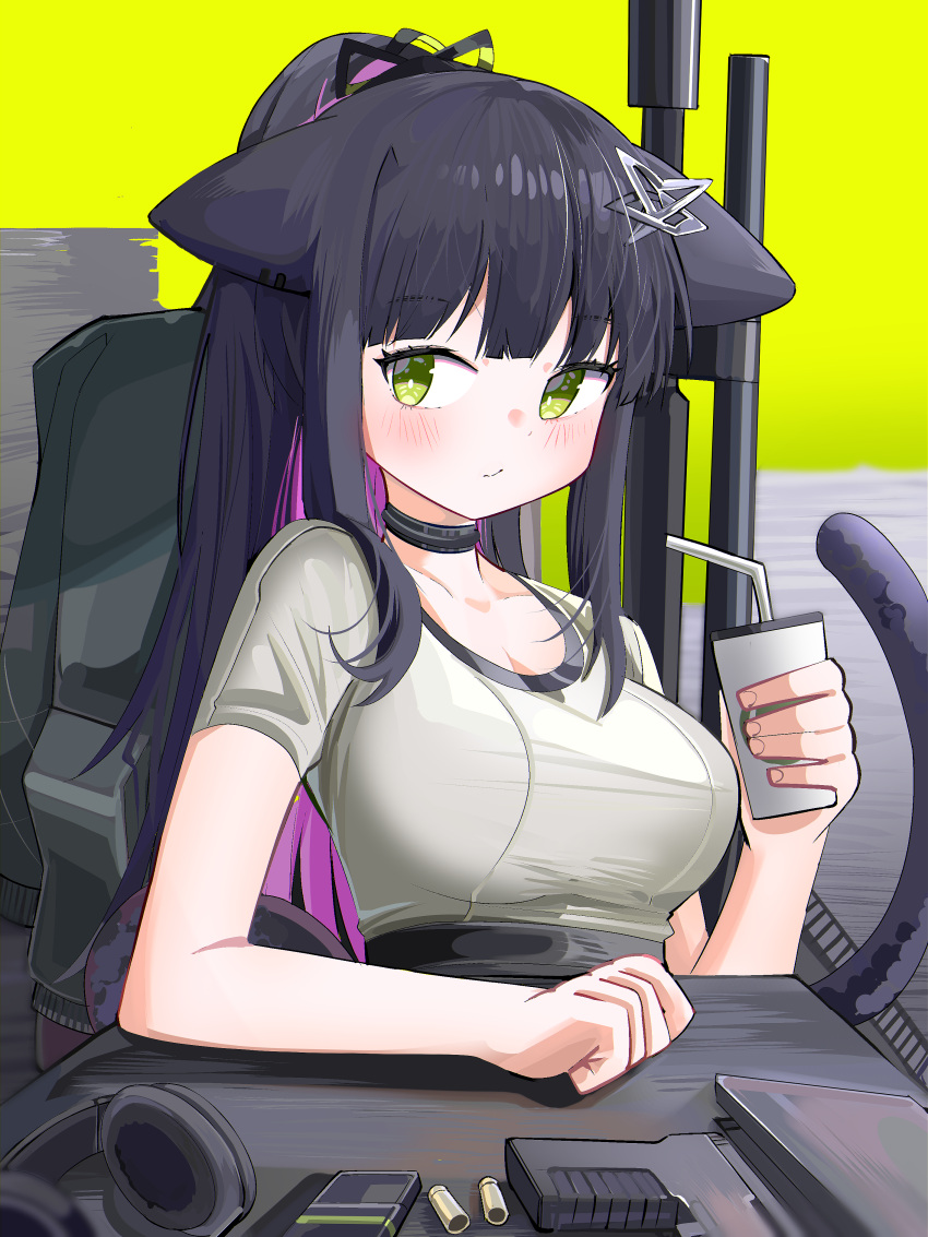 absurdres animal_ears arknights bendy_straw black_hair blush breasts cat_ears cat_girl cat_tail cleavage closed_mouth collarbone cup disposable_cup drinking_straw female green_eyes grey_shirt gun hand_up headphones headphones_removed highres holding holding_cup jessica_(arknights) jessica_the_liberated_(arknights) looking_at_viewer medium_breasts multicolored_hair ponytail purple_hair shell_casing shirt short_sleeves simple_background sitting solo spam_(spamham4506) tail two-tone_hair weapon weapon_request yellow_background