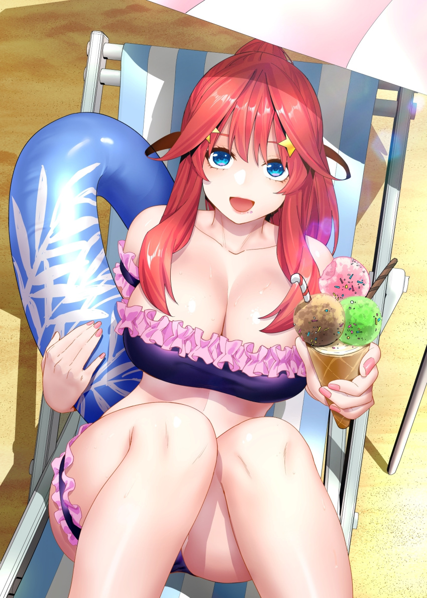 :d ahoge arm_strap beach beach_chair bikini black_bikini blue_eyes breasts cleavage collarbone commentary female food food_on_face frilled_bikini frills go-toubun_no_hanayome hair_between_eyes hair_ornament highres holding holding_food holding_ice_cream holding_swim_ring ice_cream ice_cream_on_face kosmos_beta large_breasts long_hair looking_at_viewer nakano_itsuki outdoors pink_nails ponytail red_hair sitting smile solo star_(symbol) star_hair_ornament swim_ring swimsuit thigh_strap