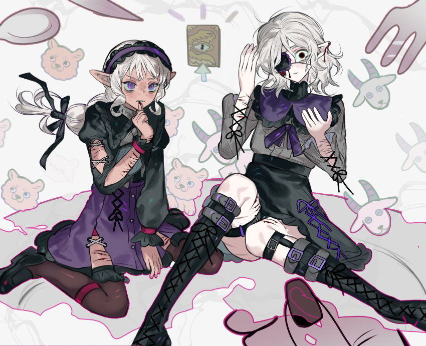 2boys androgynous bags_under_eyes black_eyes black_footwear bleeding blood blood_on_face blood_on_hands book boots bow chinese_commentary cross-laced_footwear cuts dark-skinned_male dark_elf dark_skin dungeon_meshi elf eyepatch fork goat goat_(dungeon_meshi) grey_hair hairbow highres injury jirai_kei knee_boots knife lace-up_boots long_hair long_sleeves looking_at_viewer male_focus mithrun multiple_boys notched_ear one_eye_covered plate pointy_ears puffy_sleeves purple_eyes shirt short_bangs skirt spoon suspenders thighhighs thistle_(dungeon_meshi) wavy_hair white_hair winged_lion_(dungeon_meshi) wo_yao_chifan