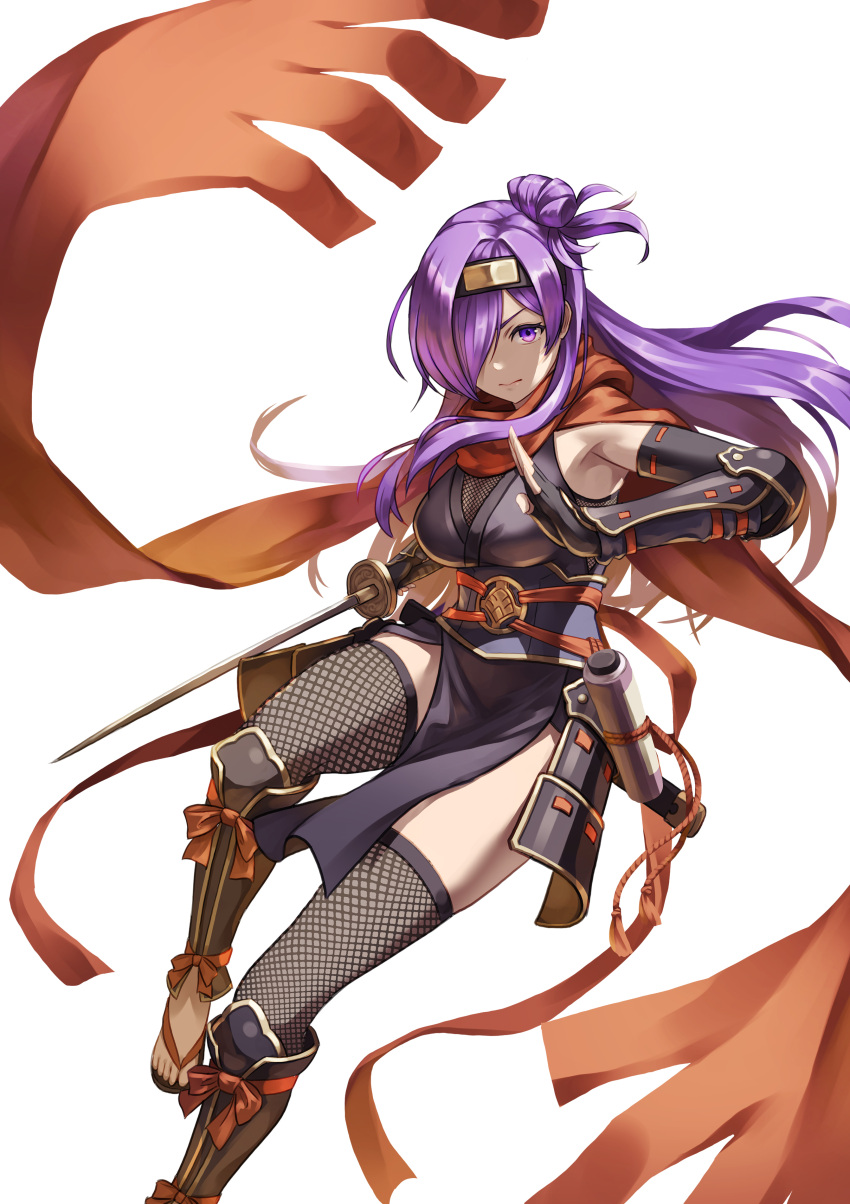 absurdres alternate_costume breasts cleavage commission female fire_emblem fire_emblem:_three_houses fire_emblem_warriors:_three_hopes fishnets hair_bun hair_over_one_eye hatomune6 highres kuji-in long_hair medium_breasts ninja purple_eyes purple_hair sandals second-party_source shez_(female)_(fire_emblem) shez_(fire_emblem) single_hair_bun skeb_commission solo zouri