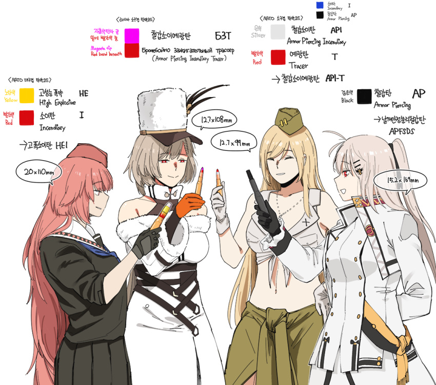 4girls arm_behind_back bad_id bad_pixiv_id bare_shoulders black_shirt black_skirt blonde_hair bright_pupils brown_hair bullet character_request check_character coat cropped_jacket dress girls'_frontline hair_ornament hairpin hand_on_own_hip hat hat_feather holding holding_bullet huqu iws_2000_(girls'_frontline) jewelry kord_(girls'_frontline) long_hair m2hb_(girls'_frontline) medium_hair military_uniform multiple_girls necklace ntw-20_(girls'_frontline) open_mouth parted_lips red_eyes red_hair shirt skirt smile uniform very_long_hair white_coat white_dress white_pupils