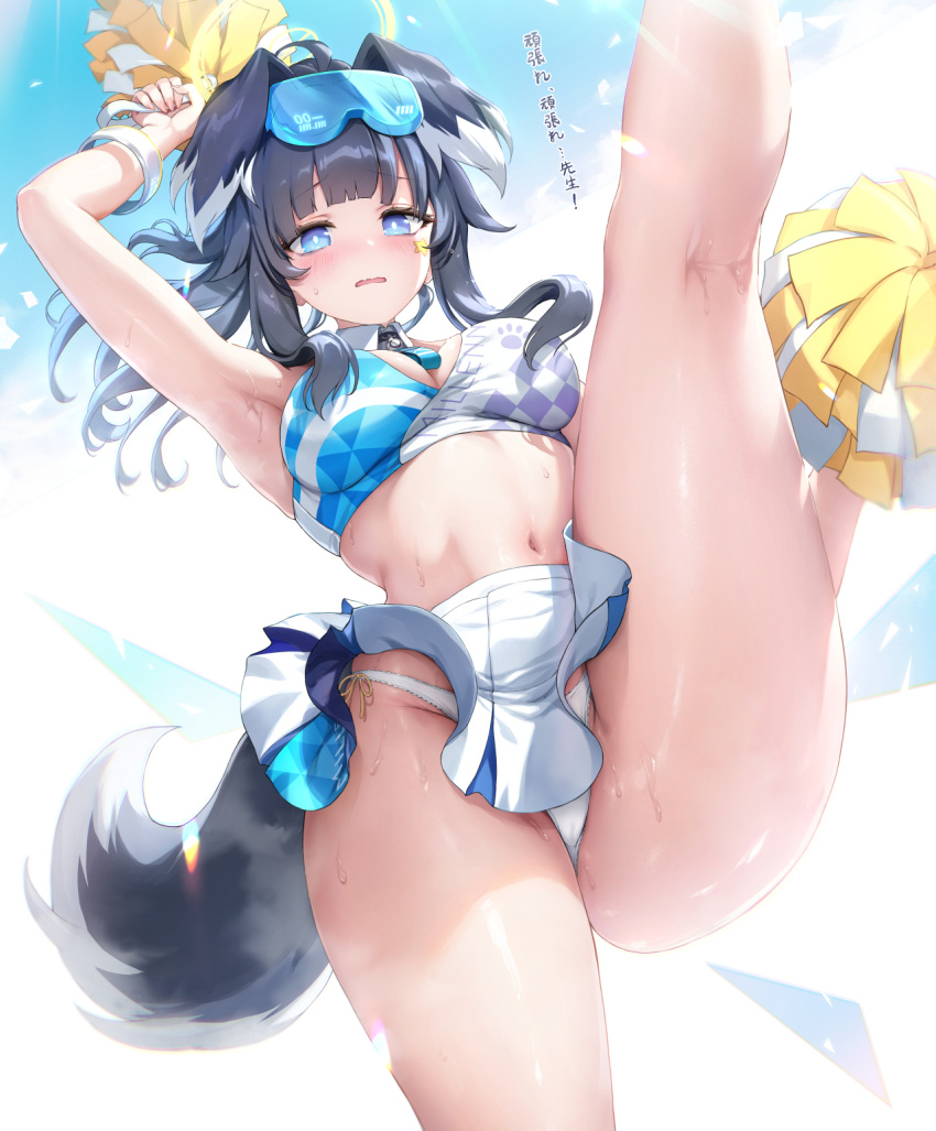 animal_ears bare_shoulders black_hair blue_archive blue_eyes blush bracelet breasts cleavage dog_ears dog_tail eyewear_on_head female goggles halo halterneck hibiki_(blue_archive) hibiki_(cheer_squad)_(blue_archive) highres holding holding_pom_poms jewelry large_breasts long_hair looking_at_viewer millennium_cheerleader_outfit_(blue_archive) miniskirt navel open_mouth pleated_skirt pom_pom_(cheerleading) ponytail sayika sidelocks skirt solo sports_bra star_sticker sticker_on_face tail thighs translation_request white_skirt