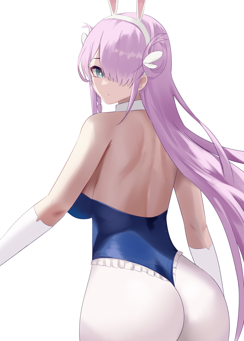 absurdres animal_ears ass azur_lane bare_back bare_shoulders blue_leotard breasts butterfly_hair_ornament closed_mouth fake_animal_ears female from_behind gloves green_eyes hair_ornament hair_over_one_eye highres large_breasts leotard long_hair looking_at_viewer louisville_(an_order_of_dreams)_(azur_lane) louisville_(azur_lane) obniermarbiss official_alternate_costume pantyhose pink_hair rabbit_ears simple_background solo strapless strapless_leotard thong_leotard very_long_hair white_background white_gloves white_pantyhose