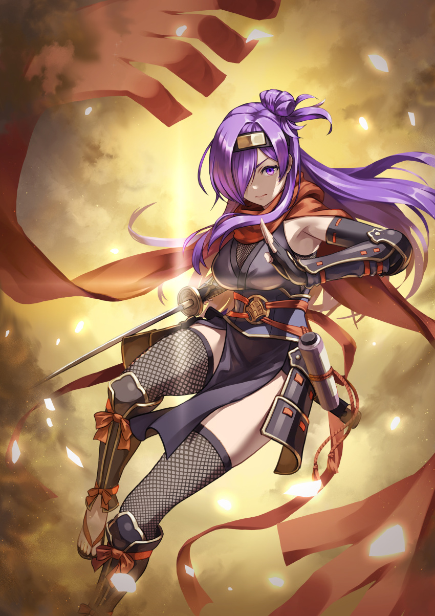 absurdres alternate_costume breasts cleavage commission female fire_emblem fire_emblem:_three_houses fire_emblem_warriors:_three_hopes fishnet_thighhighs fishnets hair_bun hair_over_one_eye hatomune6 highres kuji-in long_hair medium_breasts ninja purple_eyes purple_hair sandals second-party_source shez_(female)_(fire_emblem) shez_(fire_emblem) single_hair_bun skeb_commission solo thighhighs zouri