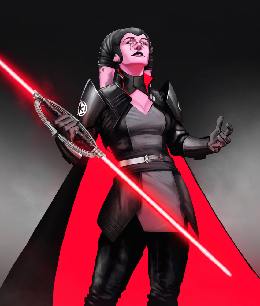 absurdres alien armor black_cape black_gloves black_lips black_pants black_tunic breasts cape christophe_pichette cleavage colored_skin double-bladed_spinning_lightsaber energy_sword female gloves grey_tunic highres holding_lightsaber imperial_logo_(star_wars) lekku_(anatomy) lightsaber looking_up medium_breasts pants pauldrons pink_skin red_cape red_lightsaber scar scar_across_eye shoulder_armor silver_belt sith solo standing star_wars sword twi'lek two-sided_cape two-sided_fabric weapon yellow_eyes