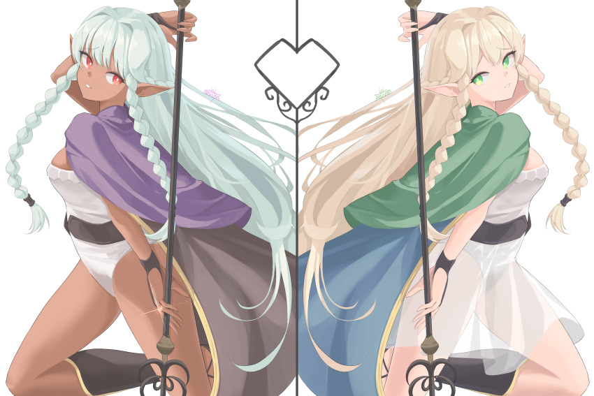 2girls aqua_hair black_cape blonde_hair blue_cape braid cape capelet dark-skinned_female dark_skin eltolinde_(unicorn_overlord) green_capelet green_eyes highres leotard multiple_girls pointy_ears purple_capelet red_eyes revvie rosalinde_(unicorn_overlord) simple_background smile strapless strapless_leotard teeth twin_braids unicorn_overlord white_background white_leotard yellow_trim