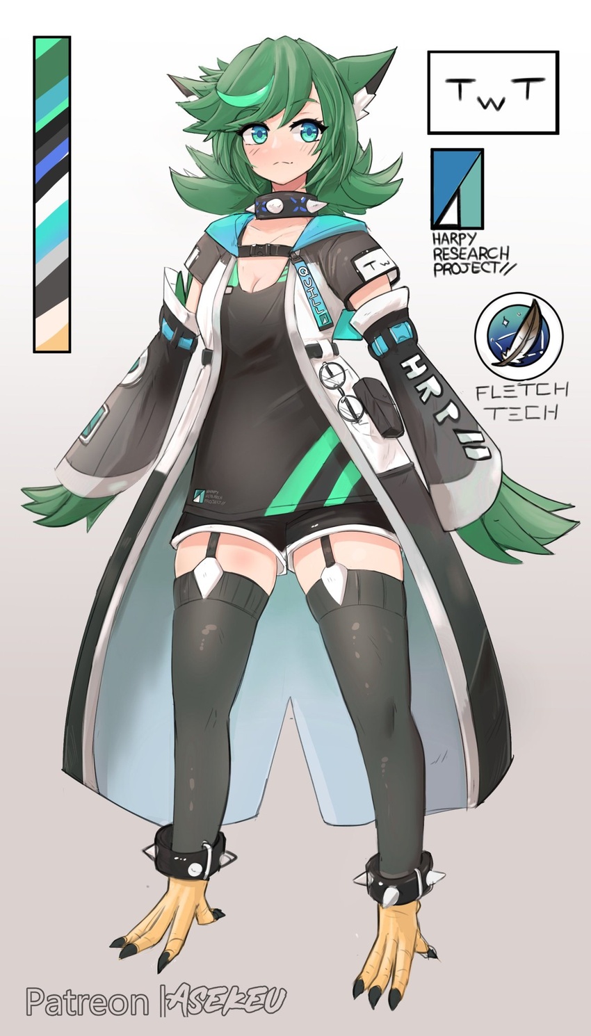 animal_ears artist_name asekeu black_coat black_leggings black_shirt black_shorts breasts cat_ears character_name choker cleavage coat detached_sleeves feathered_wings feathers female full_body garter_straps green_eyes green_feathers green_hair green_wings harpy highres leggings long_coat long_hair looking_at_viewer monster_girl original quill_(asekeu) shirt shorts simple_background small_breasts solo spiked_anklet spiked_choker spikes talons white_background winged_arms wings