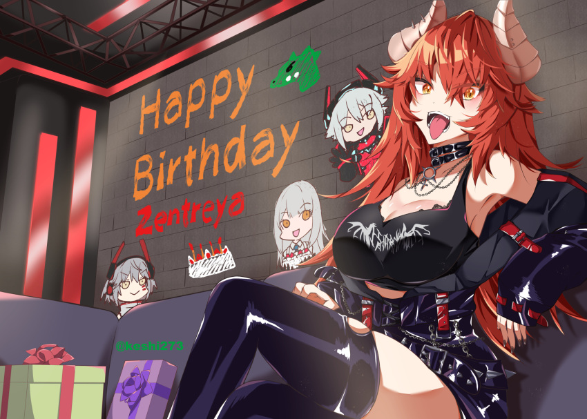 black_collar black_jacket black_nails black_shirt black_skirt black_thighhighs breasts collar cropped_jacket dragon_girl dragon_horns female gift happy_birthday highres horns jacket jewelry keshi273 large_breasts long_hair looking_at_viewer nail_polish necklace open_mouth red_hair shirt skirt sleeveless sleeveless_shirt solo thighhighs tongue tongue_out torn_clothes torn_thighhighs virtual_youtuber vshojo yellow_eyes zentreya zentreya_(dragon) zentreya_(dragon)_(3rd_costume)