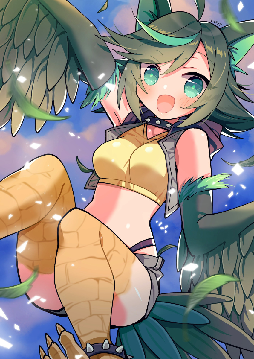 absurdres animal_ears asekeu bare_shoulders bird_legs black_vest blush breasts cat_ears choker crop_top feathered_wings feathers female green_eyes green_feathers green_hair green_wings harpy highres long_hair looking_at_viewer medium_breasts midriff monster_girl open_mouth original quill_(asekeu) shorts solo spiked_anklet spiked_choker spikes talons tank_top vest winged_arms wings yellow_tank_top