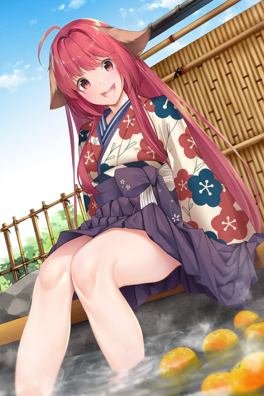 :d animal_ears bamboo_fence blue_sky cloud commentary_request commission day female fence floral_print food fox_ears fruit hakama hakama_skirt highres japanese_clothes kimono kurogane_tekki onsen open_mouth orange_(fruit) original print_kimono red_eyes red_hair sitting skeb_commission skirt sky smile soaking_feet solo steam teeth tongue upper_teeth_only water