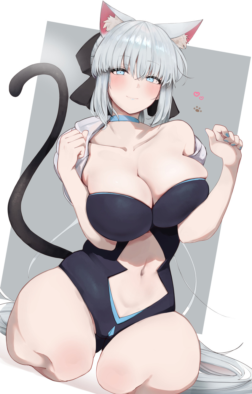 absurdres animal_ears black_bow black_leotard blue_eyes blush bow braid breasts cat_ears cat_tail choker cleavage fate/grand_order fate_(series) female grey_hair hairbow half_updo highres large_breasts leotard long_hair looking_at_viewer masini-mashini615 morgan_le_fay_(fate) ponytail seiza sidelocks sitting solo tail thighs very_long_hair