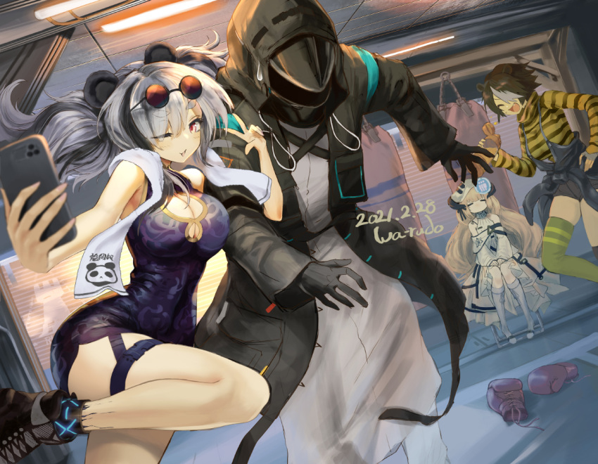 1boy 3girls animal_ears arknights artist_name beehunter_(arknights) beehunter_(elite_ii)_(arknights) black_coat black_gloves blonde_hair breasts brown_hair china_dress chinese_clothes cleavage coat dated doctor_(arknights) dress dutch_angle eyewear_on_head feater_(arknights) gloves holding holding_phone looking_at_viewer multicolored_hair multiple_girls nightingale_(arknights) one_eye_closed panda_ears panda_girl phone red_eyes selfie smile striped_hair takechi_akinobu thigh_strap two-tone_hair two_side_up v