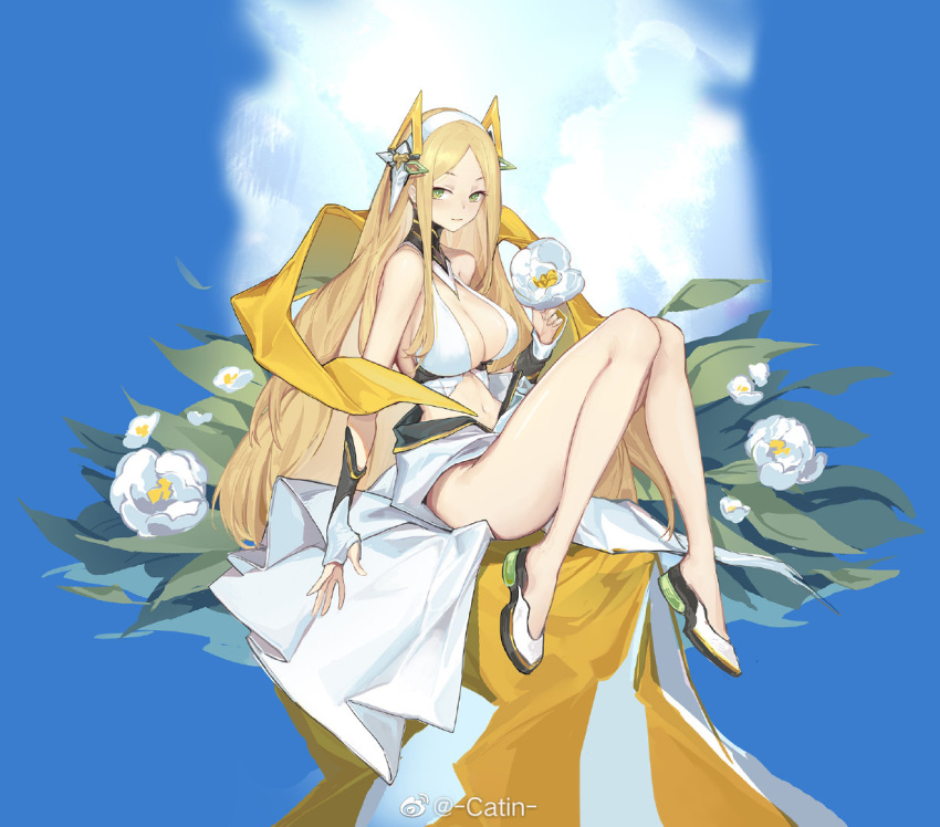 alchemy_stars artist_name blonde_hair breasts catin center_opening dress female fingerless_gloves flower gloves green_eyes holding holding_flower large_breasts long_hair looking_at_viewer sitting smile solo uriah_(alchemy_stars) uriah_(sea_breeze)_(alchemy_stars) very_long_hair white_dress white_flower white_footwear white_gloves