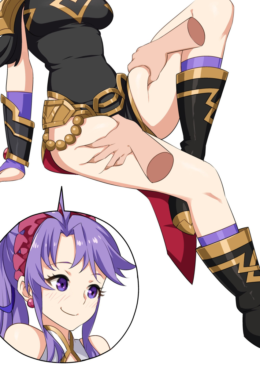 boots breasts commission disembodied_hand earrings female fire_emblem fire_emblem:_genealogy_of_the_holy_war groping high_ponytail highres igni_tion jewelry medium_breasts official_alternate_costume ponytail purple_eyes purple_hair solo_focus tailtiu_(fire_emblem) tailtiu_(resplendent)_(fire_emblem) thigh_grab