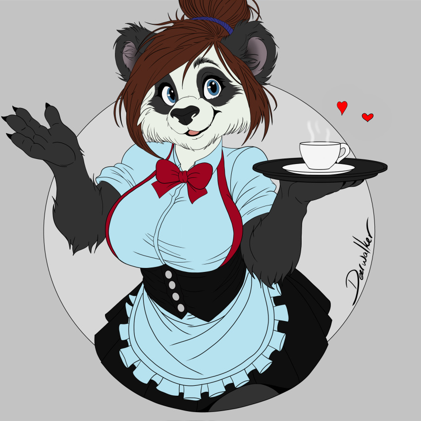 1:1 accessory alternative_fashion anthro bear big_breasts blizzard_entertainment blue_eyes bottomwear bow_tie breasts clothing container corset cup deerwalker female giant_panda hair hair_accessory hair_bun hairband heart_symbol hi_res j-fashion lingerie lolita_(fashion) looking_at_viewer maid_uniform mammal pandaren platter pleated_skirt saucer simple_background skirt smile solo topwear uniform waiter waiter_tray waitress_uniform warcraft