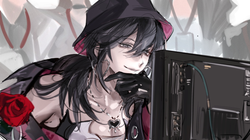 black_eyes black_gloves black_hair black_hat boutonniere breasts cable chinese_commentary cleavage collarbone commentary deren_(path_to_nowhere) earrings female flower gloves hair_over_shoulder hand_on_own_chin hat heart heart_earrings heart_necklace highres hoop_earrings id_card jewelry looking_at_screen miaotae monitor necklace path_to_nowhere people red_flower red_rose rose single_bare_shoulder single_off_shoulder smile solo_focus two-sided_fabric two-sided_headwear upper_body