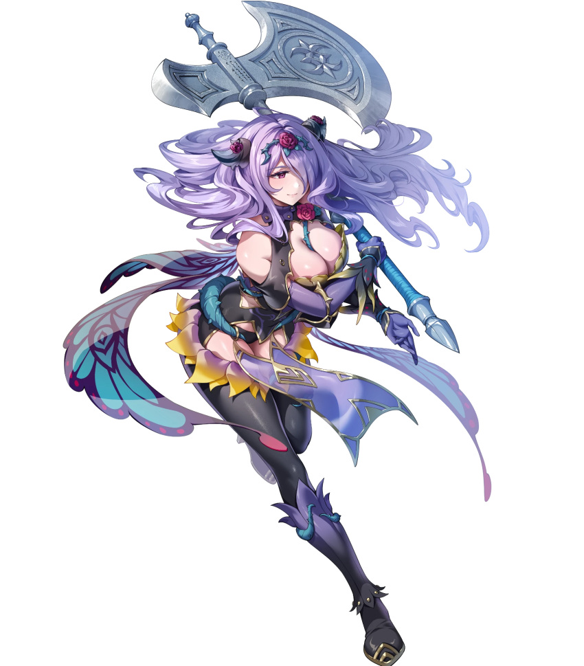 attack axe battle_axe black_panties black_thighhighs breasts camilla_(fire_emblem) camilla_(resplendent)_(fire_emblem) cleavage fake_horns female fire_emblem fire_emblem_fates fire_emblem_heroes full_body gloves gomashio_ponz hair_over_one_eye highres holding holding_axe horns large_breasts long_hair non-web_source official_alternate_costume official_art panties purple_eyes purple_gloves purple_hair smile solo thighhighs thighs transparent_background underwear wavy_hair weapon