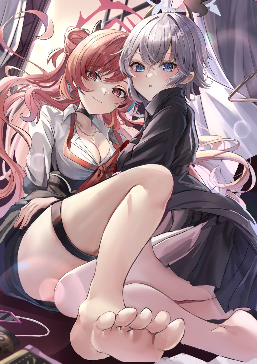 2girls barefoot black_choker black_shirt black_skirt blue_archive blue_eyes blush bow bowtie breasts choker cleavage collarbone collared_shirt double_bun erika_(blue_archive) fake_horns feet grey_hair gyaru hair_bun halo highres horns jewelry kirara_(blue_archive) long_hair looking_at_viewer looking_back loose_bowtie medium_breasts multiple_girls pink_eyes pink_hair shirt short_hair sitting skirt smile soles suidou_chaahan thigh_strap thighs toes white_shirt