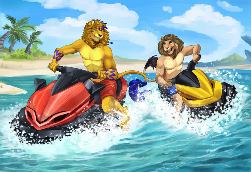 anthro beach duo eye_contact felid jetski karmen16 lion looking_at_another male mammal muscular open_mouth outside pantherine smile tail tail_tuft tongue tuft water