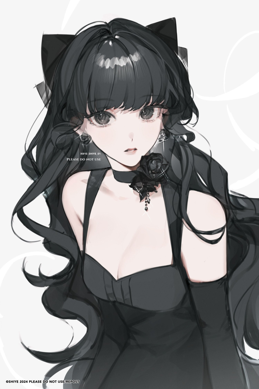 black_choker black_dress black_eyes black_flower black_gloves black_rose black_theme blunt_bangs breasts choker cleavage collarbone curly_hair dress earrings elbow_gloves female flower flower_choker flower_earrings glint gloves hair_intakes highres jewelry long_hair looking_at_viewer medium_breasts original parted_lips rose shi_ye solo