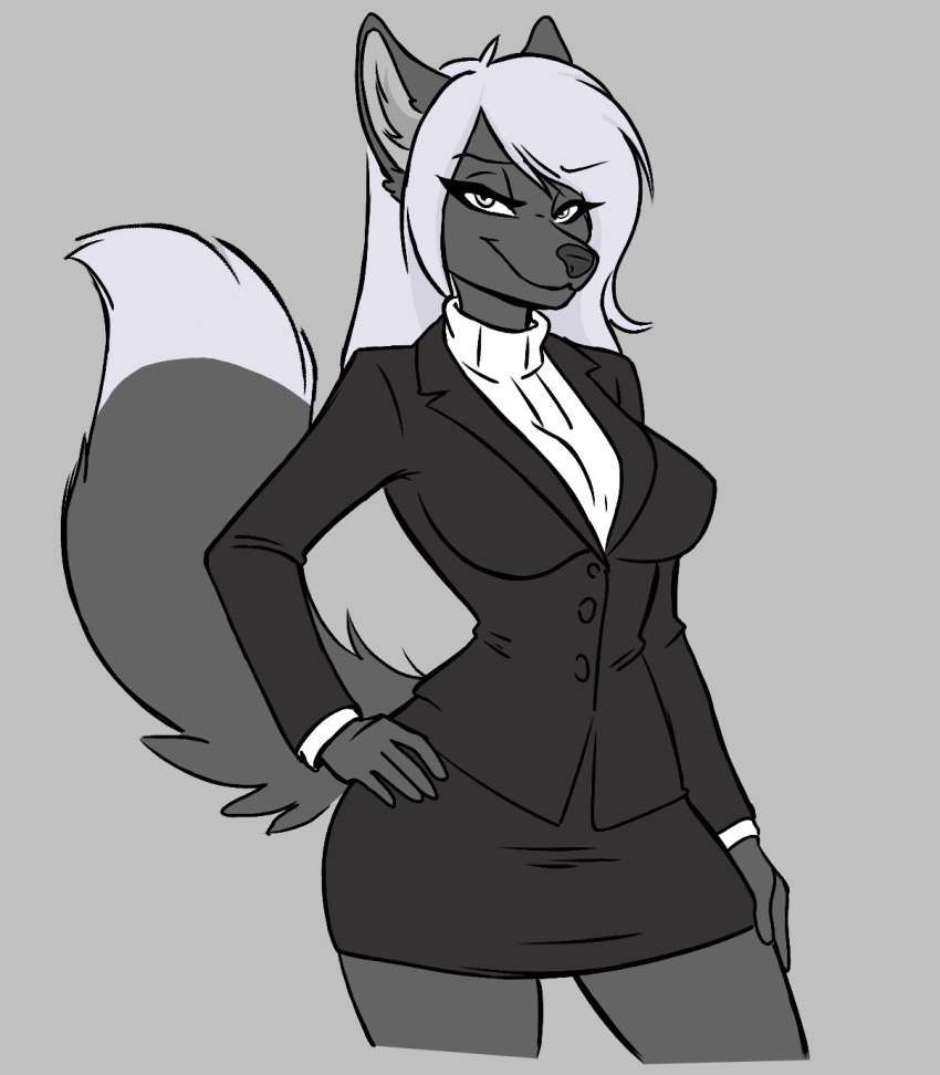 anthro big_breasts black_bottomwear black_clothing black_jacket black_nose black_skirt black_topwear bottomwear breasts business_attire canid canine clothed clothing dipstick_tail ereonora_bonoir f4ephantomii female fox fur grey_background grey_body grey_fur hair hand_on_hip hi_res inner_ear_fluff jacket mammal markings simple_background skirt solo space_station_13 sweater tail tail_markings tight_clothing topwear tuft vulpkanin white_clothing white_eyes white_hair white_sweater white_tail_tip white_topwear