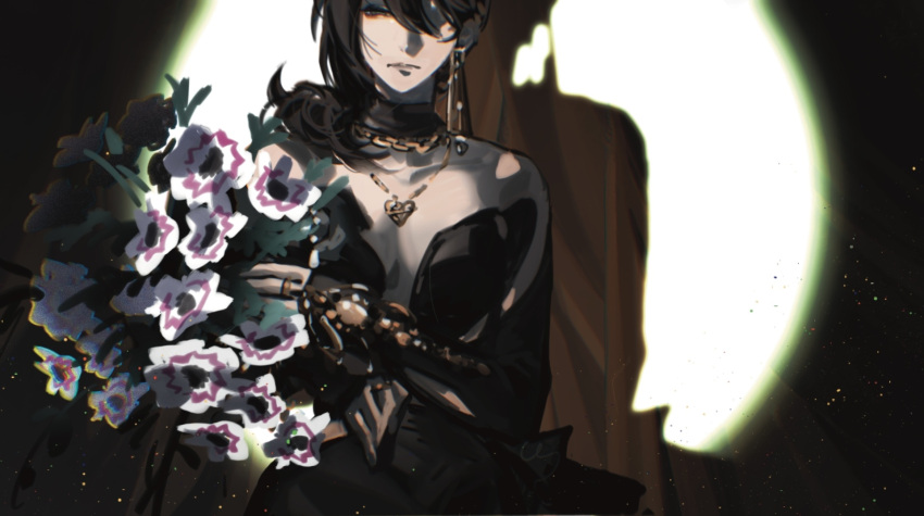 bare_shoulders black_dress black_eyes black_hair bouquet breasts breasts_apart chain_necklace chains chinese_commentary collarbone commentary deren_(eclat_eminence)_(path_to_nowhere) deren_(path_to_nowhere) detached_collar detached_sleeves dress earrings female flower frown gold_earrings gold_necklace gold_ring hair_over_one_eye hair_over_shoulder heart heart_necklace highres holding holding_bouquet jewelry light_particles miaotae multiple_necklaces necklace official_alternate_costume one_eye_covered path_to_nowhere single_earring solo spotlight squinting upper_body white_flower