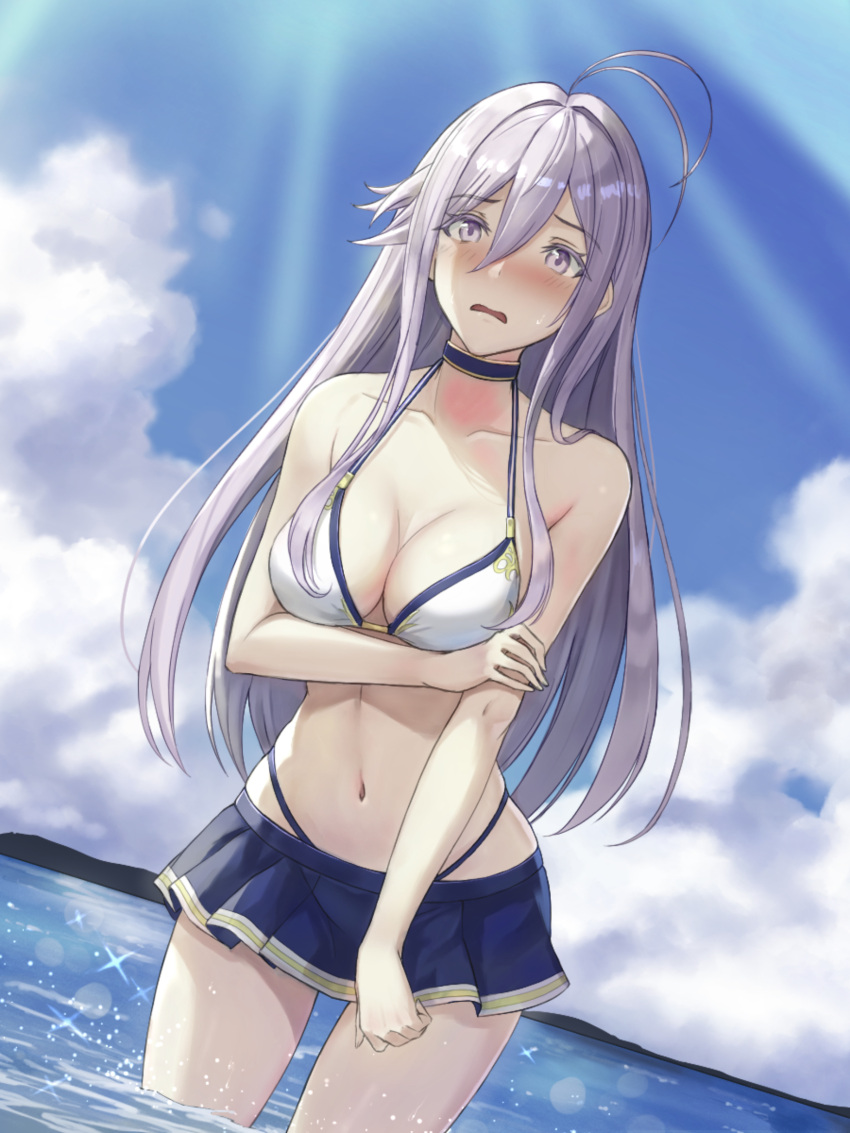 86_-eightysix- ahoge antenna_hair arm_under_breasts bikini bikini_skirt blue_sky blush breasts choker cleavage cloud collarbone day dutch_angle embarrassed female grey_eyes grey_hair gurameso hair_between_eyes highres holding_own_arm looking_at_viewer medium_breasts ocean open_mouth outdoors panty_straps sky solo sunlight swimsuit vladilena_millize wading water