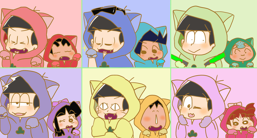 animal_ears boo-chan cat_ears commentary_request crayon_shin-chan crossover highres hood hoodie kazama_tooru matsuno_choromatsu matsuno_ichimatsu matsuno_jyushimatsu matsuno_karamatsu matsuno_osomatsu matsuno_todomatsu nohara_shinnosuke one_eye_closed osomatsu-kun osomatsu-san osomatsu_(series) otome_(otomememe4649) sakurada_nene satou_masao sextuplets smile sunglasses suotome_ai thick_eyebrows