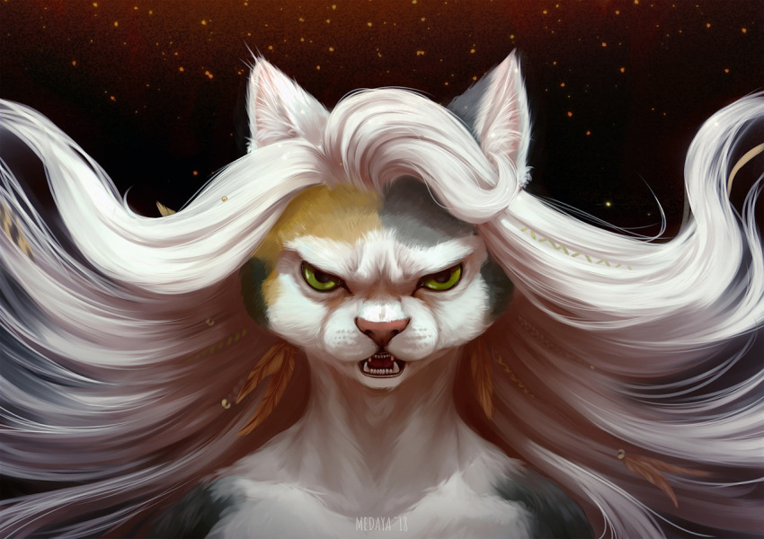 2018 angry anthro blonde_hair calico_cat domestic_cat felid feline felis female green_eyes hair mammal medaya mottled piebald pink_nose reaction_image selene_blackcat solo teeth white_hair wrath