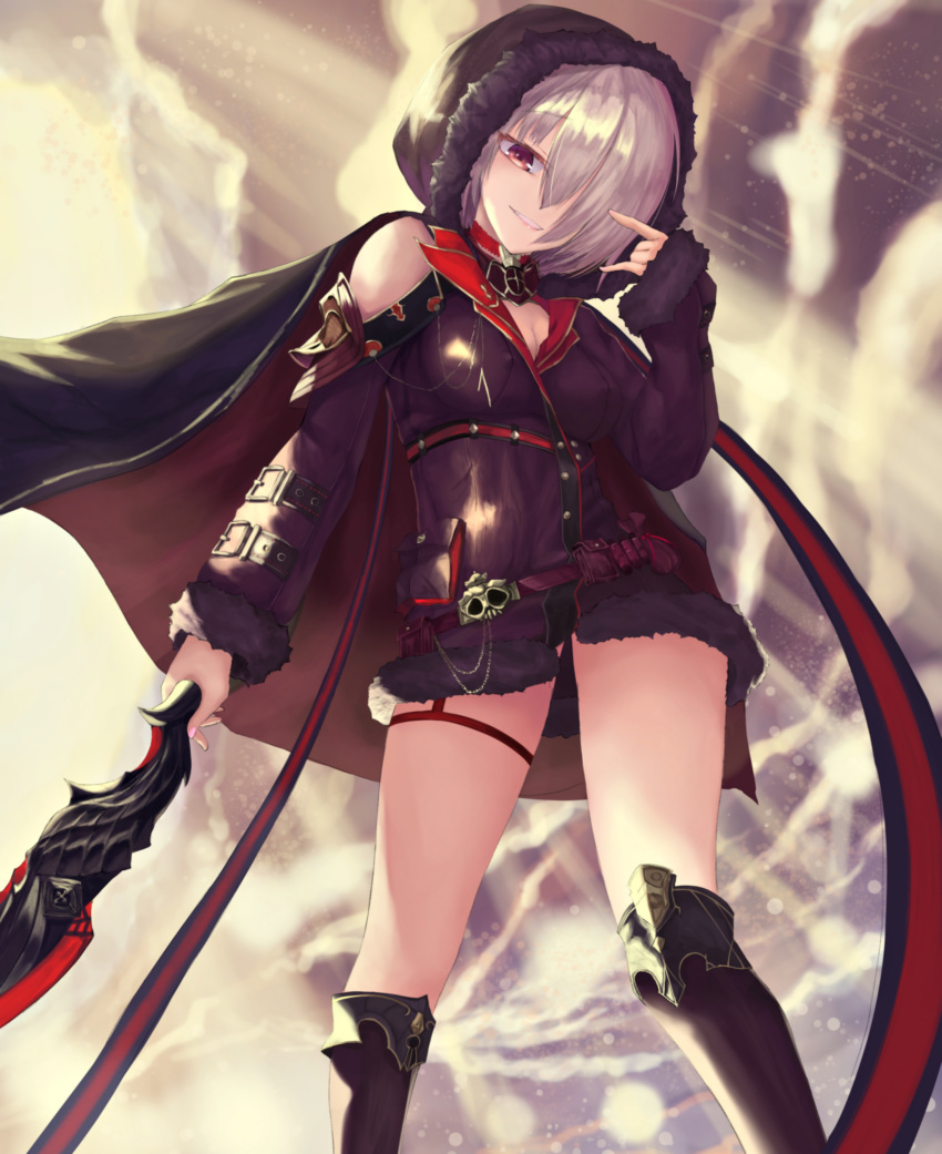 absurdres belt boots breasts cape cleavage commentary_request female from_below fur_trim grin hair_over_one_eye hand_up highres holding holding_sword holding_weapon hood hood_up looking_at_viewer medium_breasts nail_polish nekobell red_eyes shadowverse short_hair sleeves_past_wrists smile solo standing sweat sword thigh_boots thigh_strap thighhighs thighs weapon white_hair wizardess_of_oz