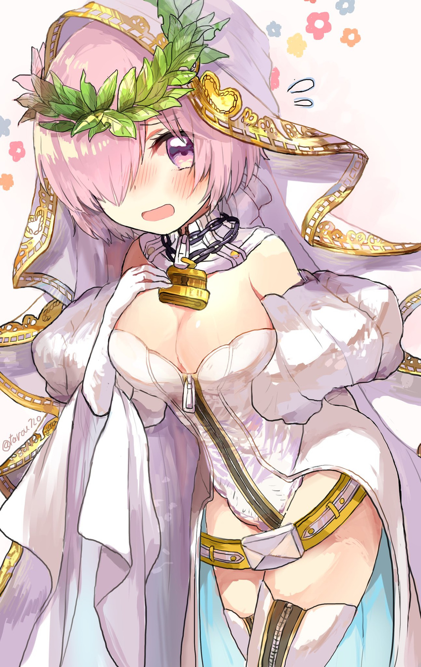 :o bad_id bad_twitter_id belt belt_buckle blush breasts bridal_veil buckle chains cleavage commentary_request cosplay cowboy_shot detached_collar detached_sleeves embarrassed eyes_visible_through_hair fate/grand_order fate_(series) female floral_background flower flying_sweatdrops from_side full-length_zipper futaro gloves hair_ornament hair_over_one_eye hand_on_own_chest highres lace large_breasts laurel_crown leaf_hair_ornament leaning_forward leotard lock looking_at_viewer loose_belt mash_kyrielight nero_claudius_(bride)_(fate) nero_claudius_(bride)_(fate)_(cosplay) nero_claudius_(bride)_(third_ascension)_(fate) nero_claudius_(fate) nose_blush open_mouth padlock parted_bangs pink_hair puffy_detached_sleeves puffy_sleeves purple_eyes raised_eyebrows short_hair showgirl_skirt simple_background skirt solo standing thighhighs turtleneck twitter_username veil white_background white_gloves white_leotard white_skirt white_sleeves white_thighhighs zipper