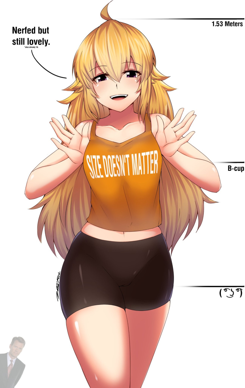 ahoge alternate_breast_size bike_shorts blonde_hair breasts chris_hansen english_text facing_viewer female lenny_face long_hair navel rwby small_breasts tagme tight_clothes yang_xiao_long