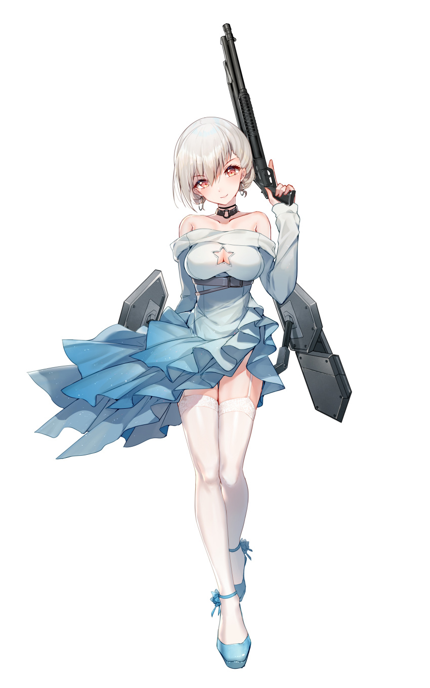 absurdres bare_shoulders bison_cangshu black_collar blue_dress blue_footwear blush breasts cleavage cleavage_cutout closed_mouth clothing_cutout collar collarbone dress earrings female full_body garter_straps girls'_frontline gun hair_between_eyes head_tilt high_heels highres holding holding_gun holding_weapon jewelry layered_dress long_sleeves looking_at_viewer medium_breasts o-ring off-shoulder_dress off_shoulder official_alternate_costume official_art pump_action red_eyes rmb-93 rmb-93_(cross_the_milky_way)_(girls'_frontline) rmb-93_(girls'_frontline) shield shield_module shoes short_dress short_hair shotgun simple_background smile snowflakes solo star_cutout straight-on strapless strapless_dress tachi-e thighhighs trigger_discipline upskirt weapon white_background white_hair white_thighhighs zettai_ryouiki