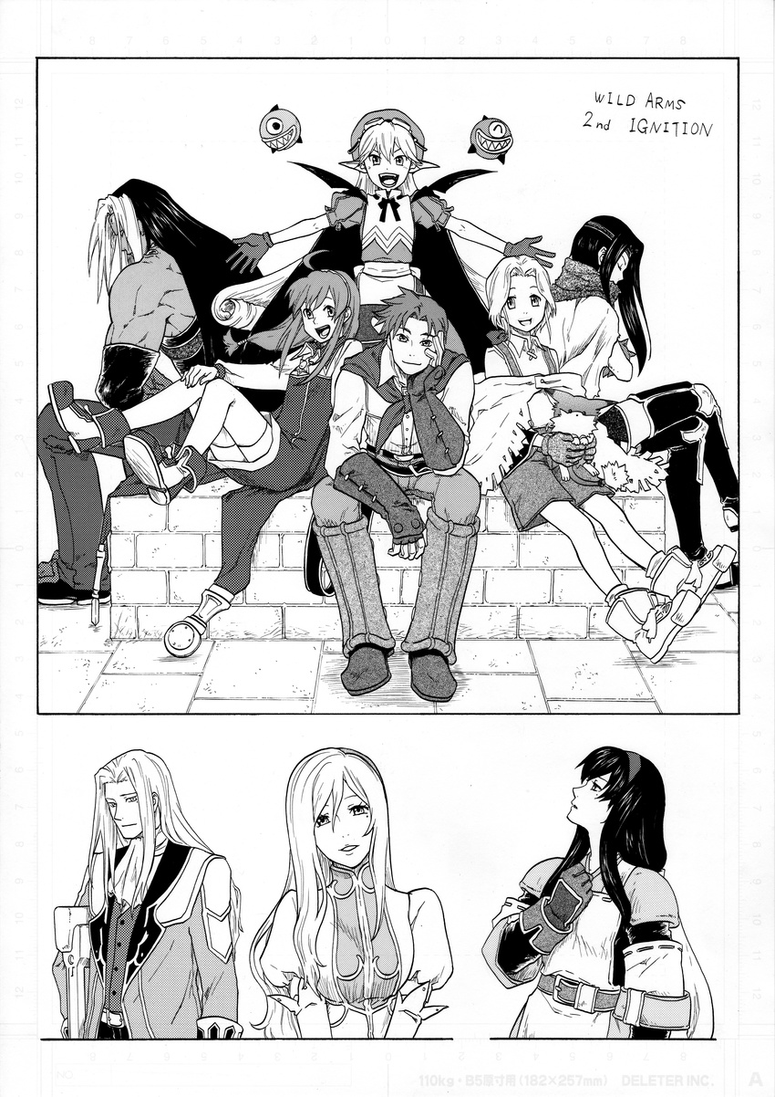 absurdres altaecia_valeria anastasia_valeria ashley_winchester brad_evans commentary_request copyright_name crutch everyone greyscale highres irving_valeria irving_vold_valeria kanon_(wild_arms_2) lilka_eleniak marivel_armitage monochrome multiple_boys multiple_girls munmu-san puka_(wild_arms) sitting smile tim_rhymeless traditional_media wild_arms wild_arms_2