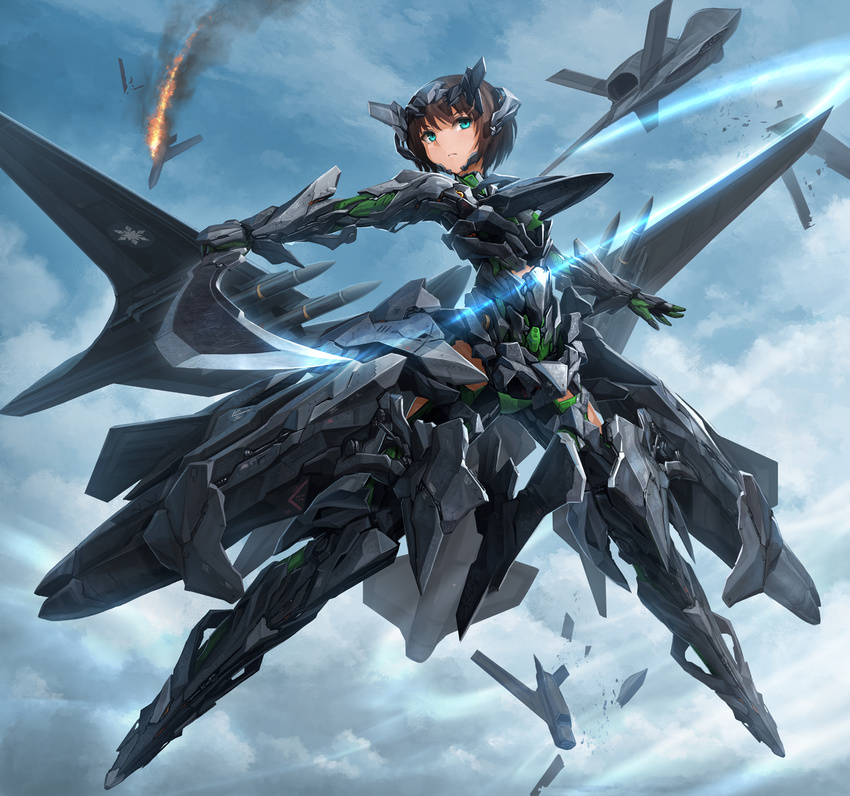 ace_combat ace_combat_x aerial_battle aircraft airplane aqua_eyes armor battle bob_cut boots brown_hair cloud commentary_request dogfight female flying gloves headgear helmet highres jet_engine looking_at_viewer machinery mecha mecha_musume original robot short_hair sky solo tom-neko_(zamudo_akiyuki) xr-45_cariburn