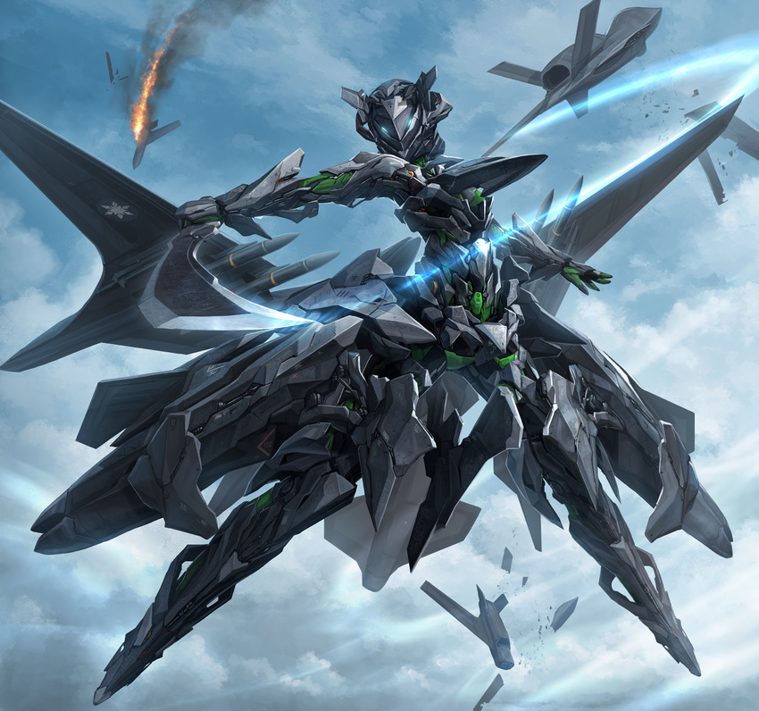 ace_combat ace_combat_x aerial_battle aircraft airplane armor battle bob_cut boots cloud commentary_request dogfight female flying gloves headgear helmet highres jet_engine looking_at_viewer machinery mecha mecha_musume robot short_hair sky solo tom-neko_(zamudo_akiyuki) wings xr-45_cariburn