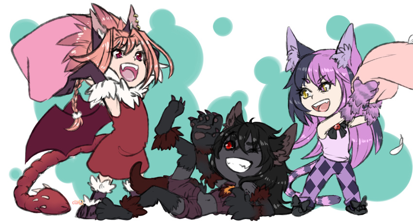 3girls :d ;d animal_ears animal_hands artist_request bat_wings black_hair black_sclera black_skin cat_ears cat_tail cheshire_cat_(monster_girl_encyclopedia) chibi claws colored_sclera colored_skin dog_ears dress ear_piercing fangs fur grin hellhound_(monster_girl_encyclopedia) highres long_hair manticore_(monster_girl_encyclopedia) monster_girl monster_girl_encyclopedia multicolored_hair multiple_girls one_eye_closed open_mouth orange_hair piercing pillow pillow_fight pink_eyes purple_hair red_eyes short_hair shorts simple_background smile source_request striped_tail tail two-tone_hair v-shaped_eyebrows wings yellow_eyes