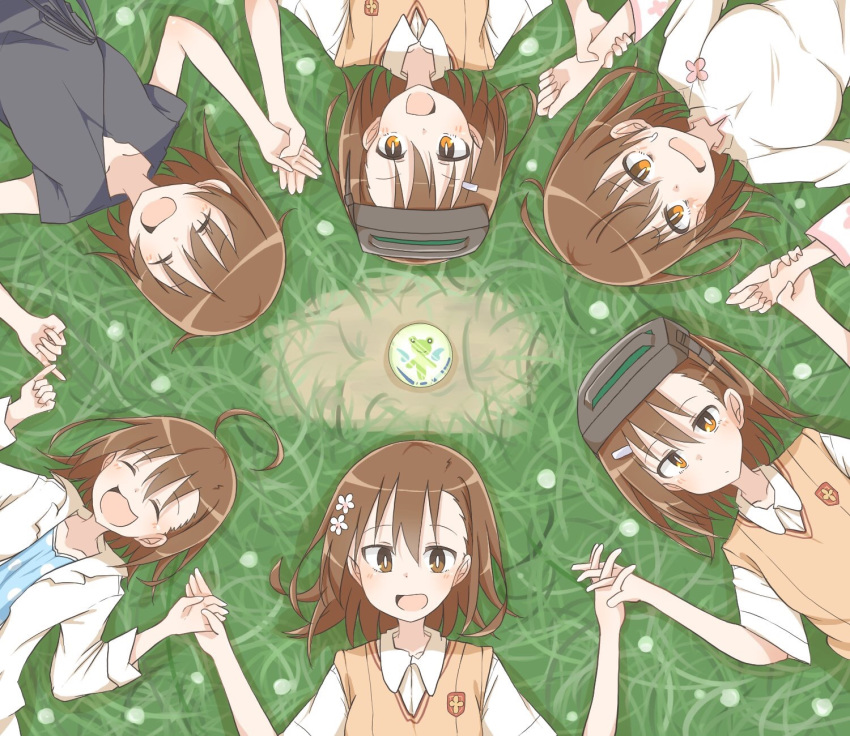 6girls ahoge artist_request brown_eyes brown_hair clone closed_eyes dolly_(to_aru_kagaku_no_railgun) gekota goggles goggles_on_head grass hospital_gown lying misaka_imouto misaka_imouto_10032 misaka_imouto_9982 misaka_mikoto misaka_worst open_mouth school_uniform short_hair smile spoilers to_aru_kagaku_no_railgun to_aru_majutsu_no_index