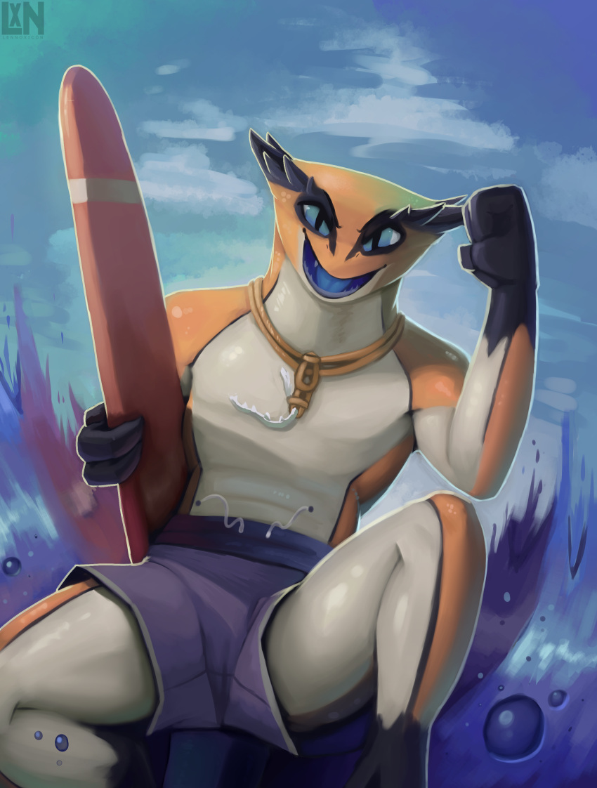 absurd_res anthro blue_eyes clothed clothing deadlock hi_res kali_(deadlock) lennoxicon lizard looking_at_viewer male outside reptile scalie smile solo surfboard swimming_trunks swimwear tail teeth tongue valve water