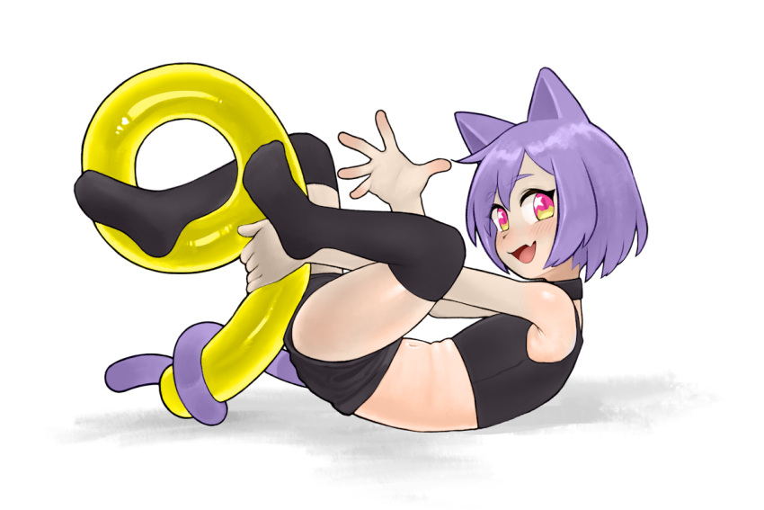 :d animal_ears anniversary bare_shoulders bent_back black_choker black_shorts black_tank_top black_thighhighs cat_ears cat_girl catbox_llc choker feet_up female from_side full_body light_blush looking_at_viewer looking_to_the_side lying midriff multicolored_eyes navel no_shoes oerba_yun_fang on_back pettankon pink_eyes purple_hair purple_tail second-party_source short_hair short_shorts shorts skin_fang smile tank_top thighhighs waving yellow_eyes yukari_(catbox)