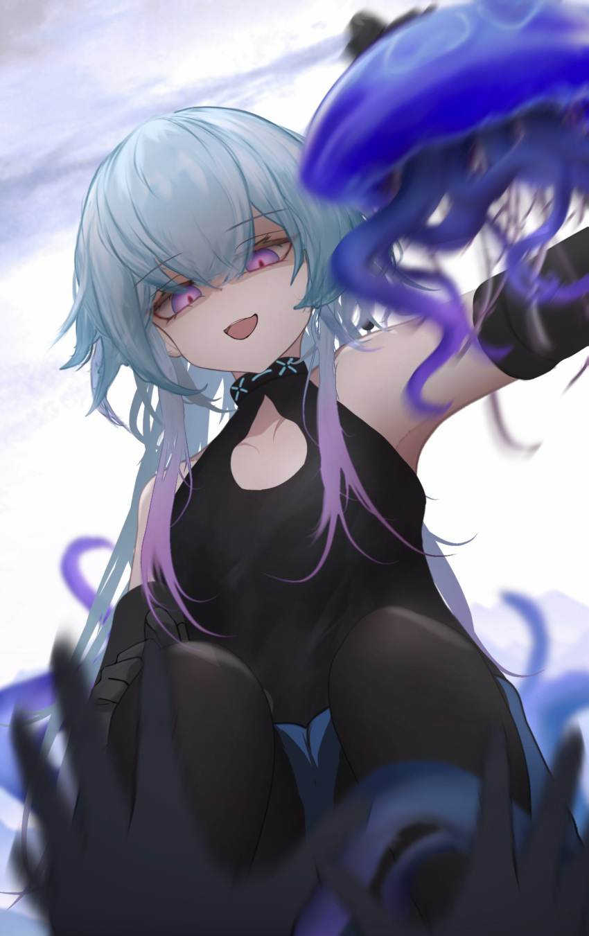 1boy 1other absurdres arknights armpits black_gloves black_pantyhose black_shirt blue_hair elbow_gloves evil_smile gloves gradient_hair hand_up highres infection_monitor_(arknights) jellyfish long_hair looking_at_viewer mebe_(teadia_violet) mizuki_(arknights) motion_blur multicolored_hair open_mouth pantyhose pov pov_hands purple_eyes purple_hair shirt sleeveless sleeveless_shirt smile white_background