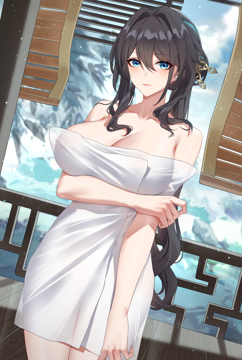 absurdres arm_under_breasts blurry blurry_background blush closed_mouth collarbone commentary_request cowboy_shot female green_eyes hair_between_eyes hair_ornament hairpin highres honkai:_star_rail honkai_(series) long_hair looking_at_viewer multicolored_hair naked_towel partial_commentary ruan_mei_(honkai:_star_rail) sidelocks solo standing streaked_hair towel very_long_hair wu_ganlan_cai