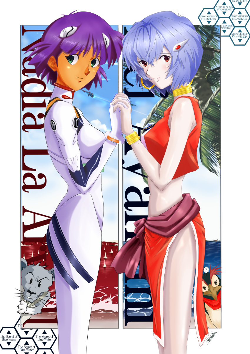 2girls absurdres artist_name ayanami_rei bandana bandeau bare_shoulders beach belt bird blue_gemstone blue_hair blue_sky bob_cut bodysuit border bracelet breasts brown_belt brown_sash character_name closed_mouth cloud cloudy_sky commentary copyright_name cosplay costume_switch cropped_vest dark-skinned_female dark_skin darshima earrings face-to-face feet_out_of_frame from_side fushigi_no_umi_no_nadia gem gloves gold_bracelet gold_earrings green_eyes hair_ornament hairclip hands_up highres holding_hands honeycomb_(pattern) hoop_earrings horizon interface_headset jewelry king_(nadia) lcl light_smile lion_cub long_sleeves looking_at_viewer looking_to_the_side medium_breasts midriff multiple_girls nadia_la_arwall nautilus_(nadia) neck_ring necklace neon_genesis_evangelion ocean open_clothes open_vest outside_border pale_skin palm_tree pelvic_curtain pendant penguin penpen pilot_suit plugsuit purple_hair red_bandana red_eyes red_skirt red_vest romaji_text sand side_slit signature skirt sky sleeveless spacecraft standing strapless tree tube_top vest white_bandeau white_bodysuit white_border white_gloves